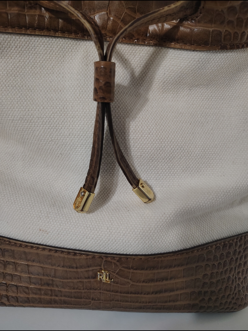 Ralph Lauren Cream & Brown Canvas Drawstring Shoulder Bag - Picture 2 of 6